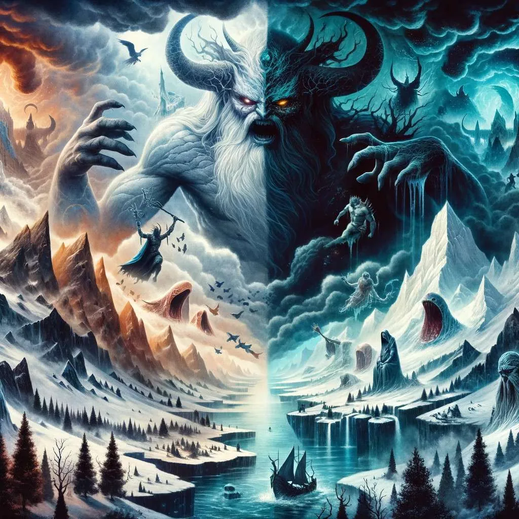 Ilustración conceptual del origen y significado de Jotunheim, mostrando la creación de Ymir en la mitad superior y la vida en Jotunheim en la mitad inferior, simbolizando el hogar de los gigantes en la mitología nórdica. Los Mitos y Leyendas (www.losmitosyleyendas.com)