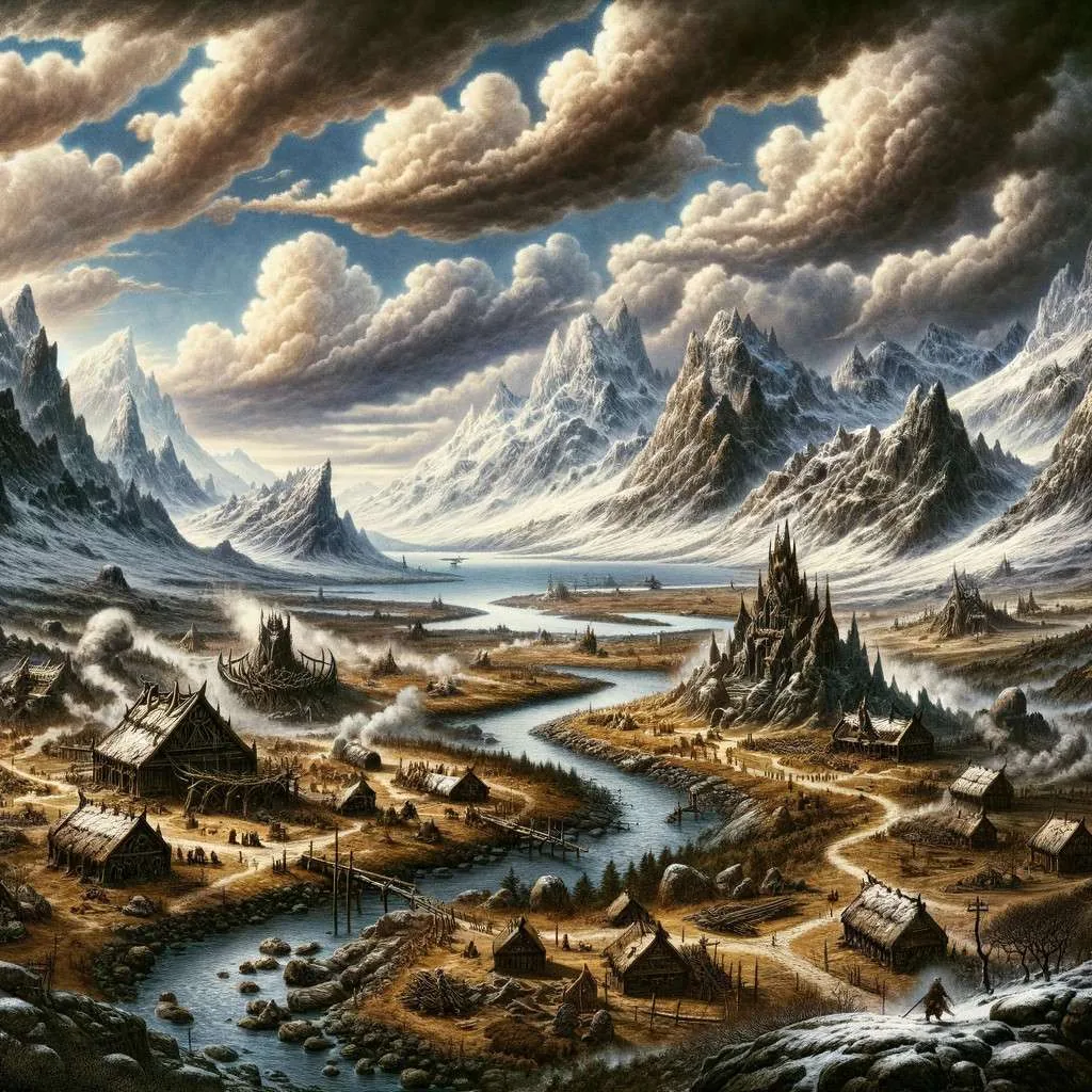 Ilustración de Jotunheim mostrando su paisaje montañoso nevado, valles profundos, y ríos caudalosos, con un asentamiento jotun integrado en la naturaleza. Los jotuns se ven realizando actividades diarias, subrayando su conexión con el entorno salvaje. El cielo dramático sobre Jotunheim evoca misterio y grandeza. Los Mitos y Leyendas (www.losmitosyleyendas.com)