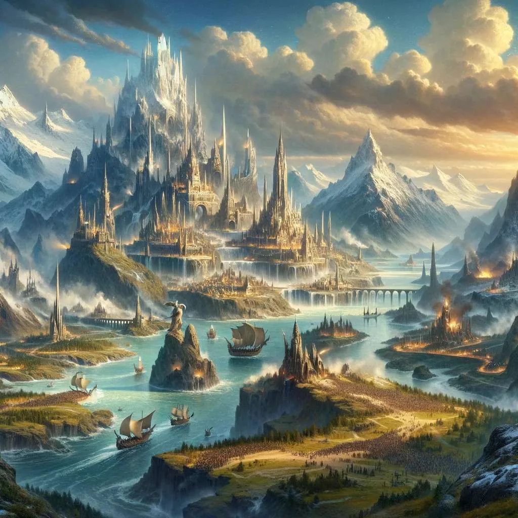 Ilustración que muestra Jotunheim y Asgard separados por el río Iving, reflejando la tensión y la interdependencia entre los gigantes y los dioses de la mitología nórdica. Los Mitos y Leyendas (www.losmitosyleyendas.com)