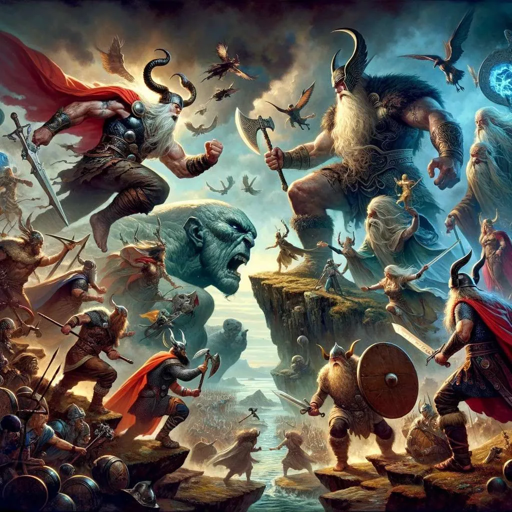 Ilustración épica de encuentros legendarios entre dioses y jotuns de la mitología nórdica, mostrando enfrentamientos como Thor contra Jormungandr y Odín con Mimir, en paisajes míticos desde Midgard hasta Asgard. Los Mitos y Leyendas (www.losmitosyleyendas.com)