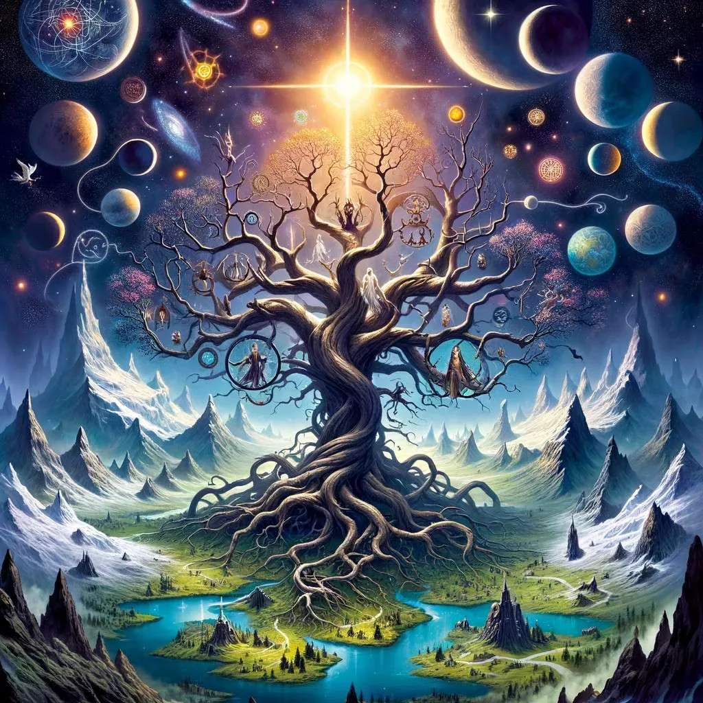 Ilustración de Jotunheim en la cosmogonía nórdica, representado en una de las ramas de Yggdrasil, rodeado por reinos como Asgard y Midgard, destacando su naturaleza agreste y su papel en el equilibrio del universo mitológico. Los Mitos y Leyendas (www.losmitosyleyendas.com)