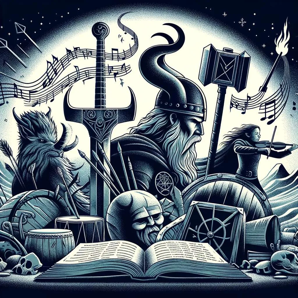 Ilustración que simboliza la influencia cultural de Jotunheim en el mundo, con elementos que representan la literatura, el cine, la música y el arte, dispuestos alrededor de una silueta estilizada de Jotunheim, destacando la huella de la mitología nórdica en la cultura global. Los Mitos y Leyendas (www.losmitosyleyendas.com)