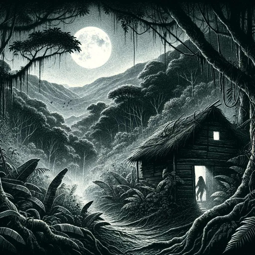 Ilustración de una mano peluda y tenebrosa emergiendo de la densa vegetación selvática cerca de una cabaña de madera rústica en Colombia, bajo la misteriosa luz de la luna. La escena captura el misterio y el espíritu de las leyendas antiguas y mágicas, arraigadas en las tradiciones y el folclor colombiano. Los Mitos y Leyendas (www.losmitosyleyendas.com)