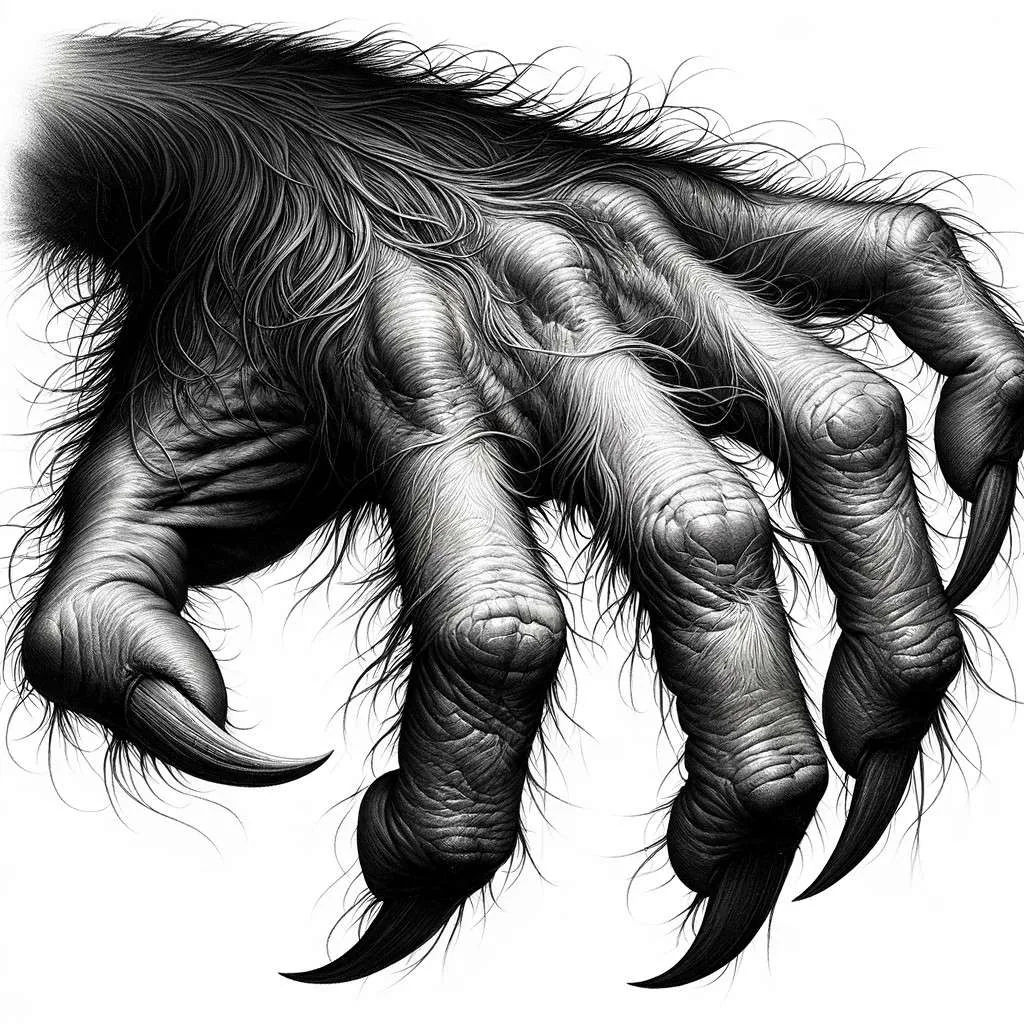 Ilustración realista de La Mano Peluda, mostrando una mano desproporcionadamente grande, cubierta de pelo oscuro y espeso, con uñas largas y afiladas. La mano está parcialmente cerrada en una pose amenazante, destacando su aspecto terrorífico. El fondo neutro o sombrío contribuye a la atmósfera de miedo, permitiendo que el foco se mantenga en las texturas detalladas del pelo y las uñas de la mano. Los Mitos y Leyendas (www.losmitosyleyendas.com)