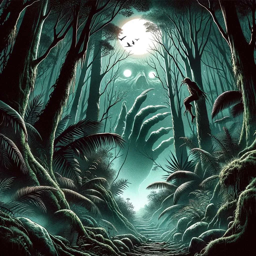 Escena mágica y etérea de una selva densa y neblinosa en Colombia, donde la luz de la luna filtra a través de la bruma y las copas de los árboles, revelando sutilmente la presencia de La Mano Peluda asomando detrás de un árbol. Esta representación evoca el misterio y la magia que rodean a la leyenda, invitando a la imaginación a explorar las historias y cuentos antiguos del folclor colombiano. Los Mitos y Leyendas (www.losmitosyleyendas.com)