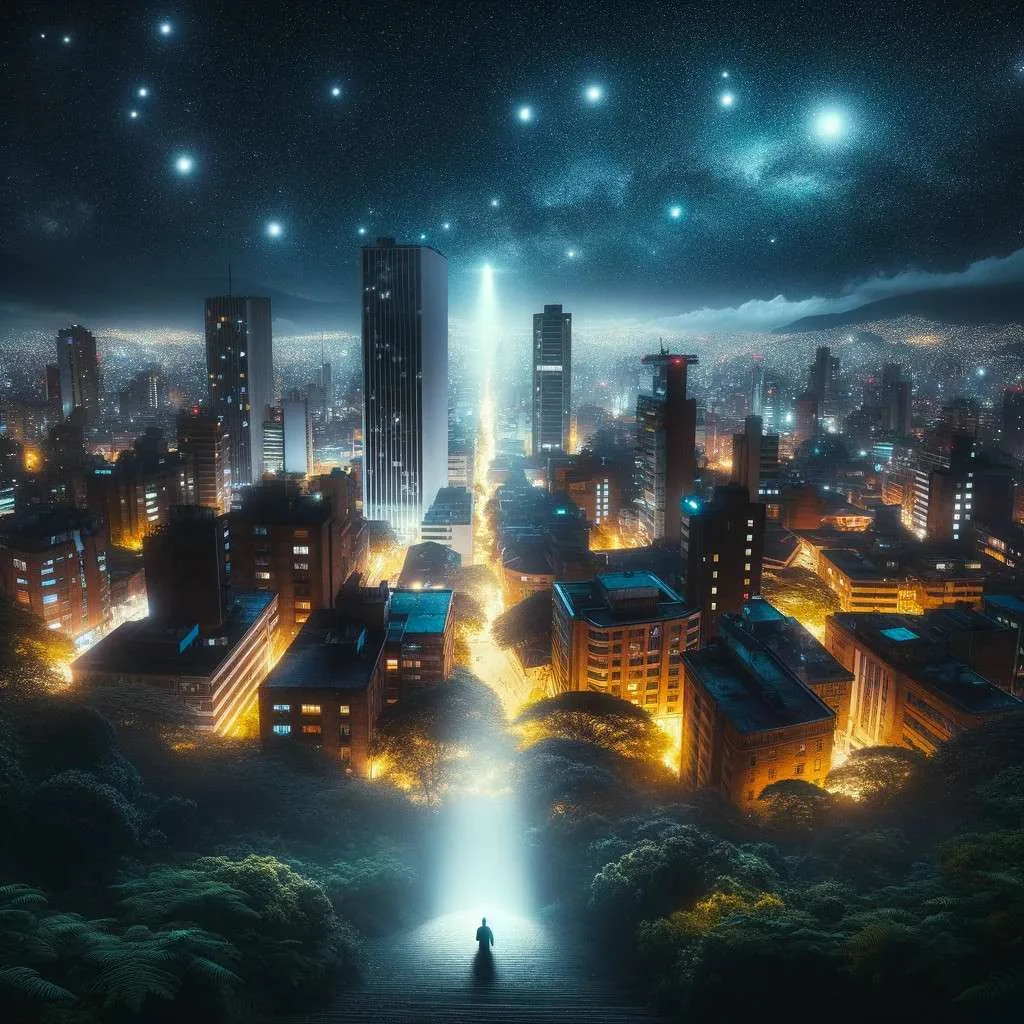 Una interpretación artística de una noche misteriosa en Medellín, Colombia, que sugiere la presencia de leyendas urbanas como la Mano Peluda entre la vibrante vida de la ciudad. Los Mitos y Leyendas (www.losmitosyleyendas.com)