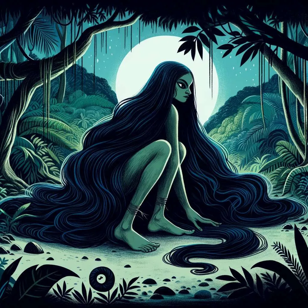 Ilustración de una Ciguapa en su entorno natural, evocando el misterio de las leyendas dominicanas. Los Mitos y Leyendas (www.losmitosyleyendas.com)"