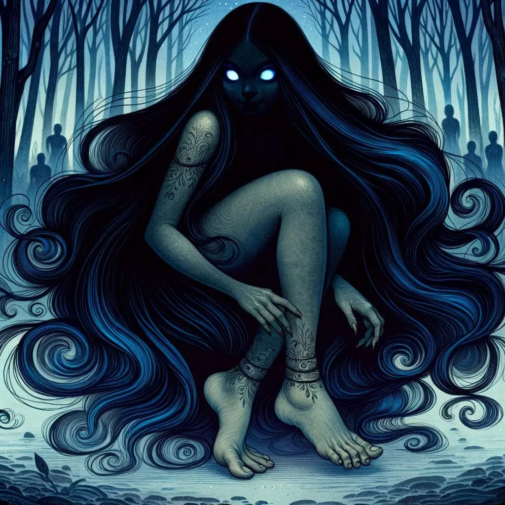 Ilustración de la Ciguapa con pies hacia atrás, destacando su belleza mística y habilidades sobrenaturales. Los Mitos y Leyendas (www.losmitosyleyendas.com)