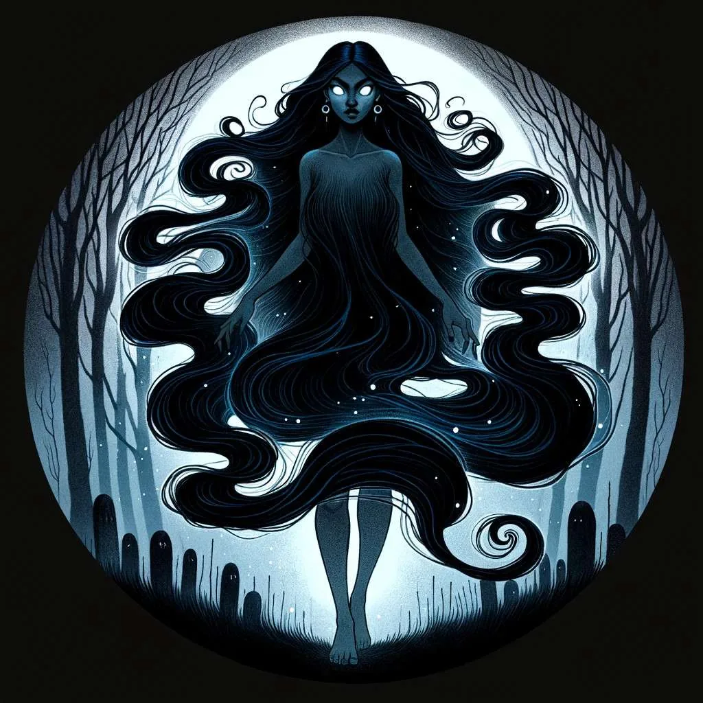 Ilustración que captura la apariencia física y las habilidades sobrenaturales de la Ciguapa, con su largo cabello azul-negro que cubre su cuerpo, ojos que brillan sutilmente y pies al revés, realzando su naturaleza mística. Ambientada en un bosque nocturno, esta imagen evoca el enigma y el encanto sobrenatural que caracterizan a este ser legendario dominicano. Los Mitos y Leyendas (www.losmitosyleyendas.com)