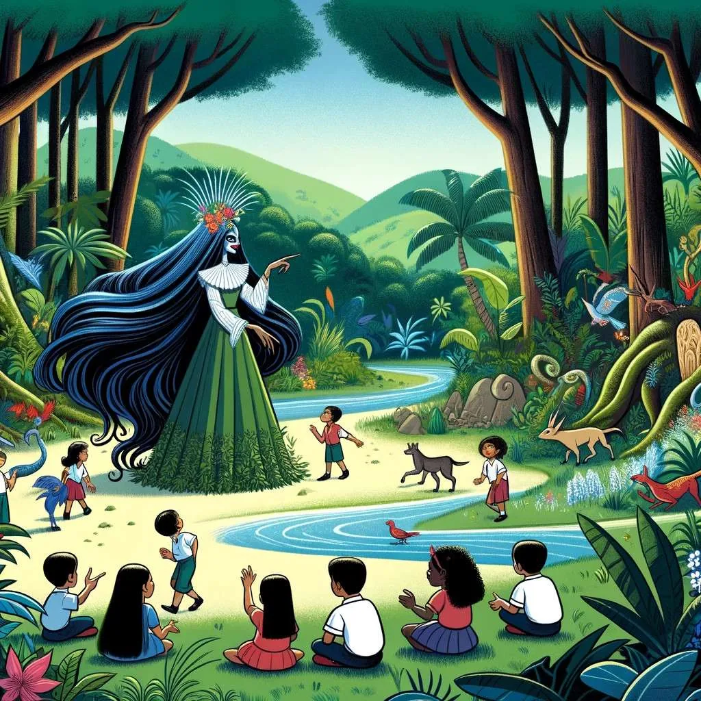 La Ciguapa en República Dominicana enseñando a niños sobre conservación ambiental. Los Mitos y Leyendas (www.losmitosyleyendas.com)