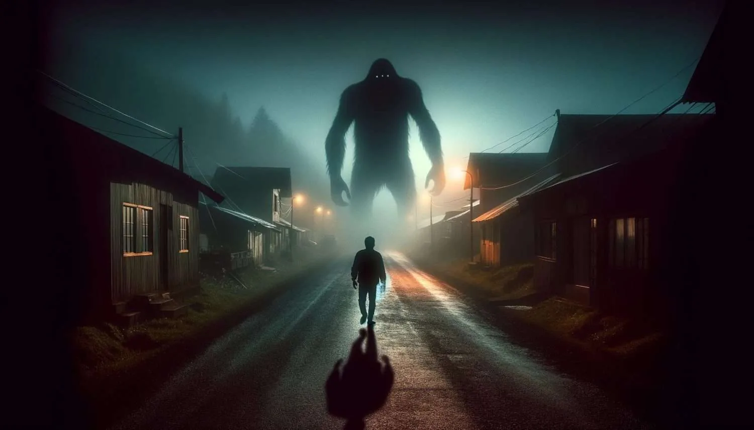 Silueta solitaria en un camino desolado con la sombra amenazante de la Mano Pachona proyectada detrás, evocando tensión y misterio.