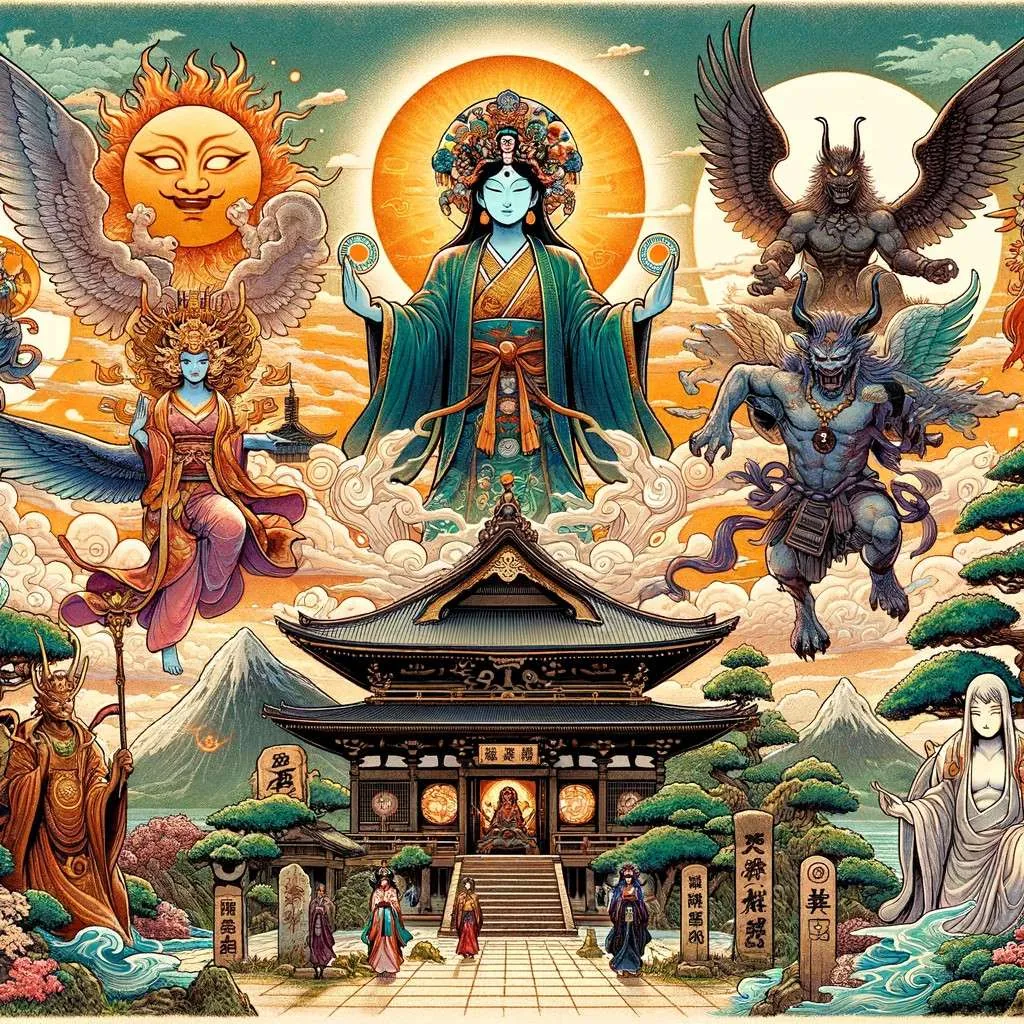 Dioses japoneses del panteón sintoísta reunidos en un paisaje sagrado, con Amaterasu, Tsukuyomi, Susanoo, montañas, cerezos en flor, y un torii. Los Mitos y Leyendas (www.losmitosyleyendas.com)