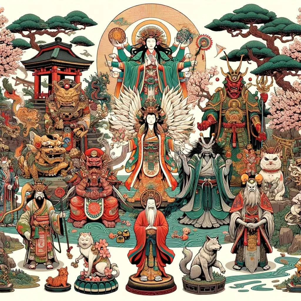 Deidades sintoístas en paisaje japonés con Monte Fuji, santuario, torii, bambú y sakura. Los Mitos y Leyendas (www.losmitosyleyendas.com)