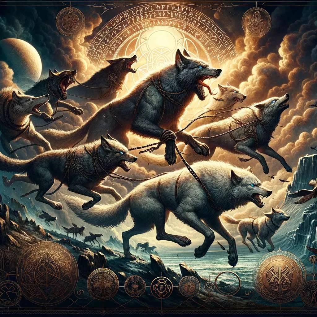 Representación artística de los lobos en la mitología nórdica, con Fenrir, Sköll y Hati en roles cruciales ante el paisaje místico nórdico y Yggdrasil, reflejando su importancia como guardianes de los dioses y portadores del Ragnarok. Los Mitos y Leyendas (www.losmitosyleyendas.com)