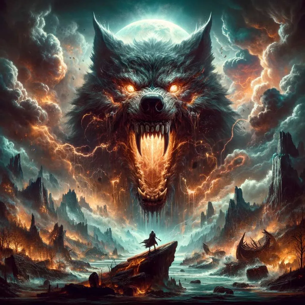 Ilustración dramática de Fenrir, el lobo monstruoso de la mitología nórdica, capturado en un momento de poder temible, con fauces abiertas listas para engullir el cosmos, simbolizando su papel como el destructor del mundo durante el Ragnarok. Los Mitos y Leyendas (www.losmitosyleyendas.com)