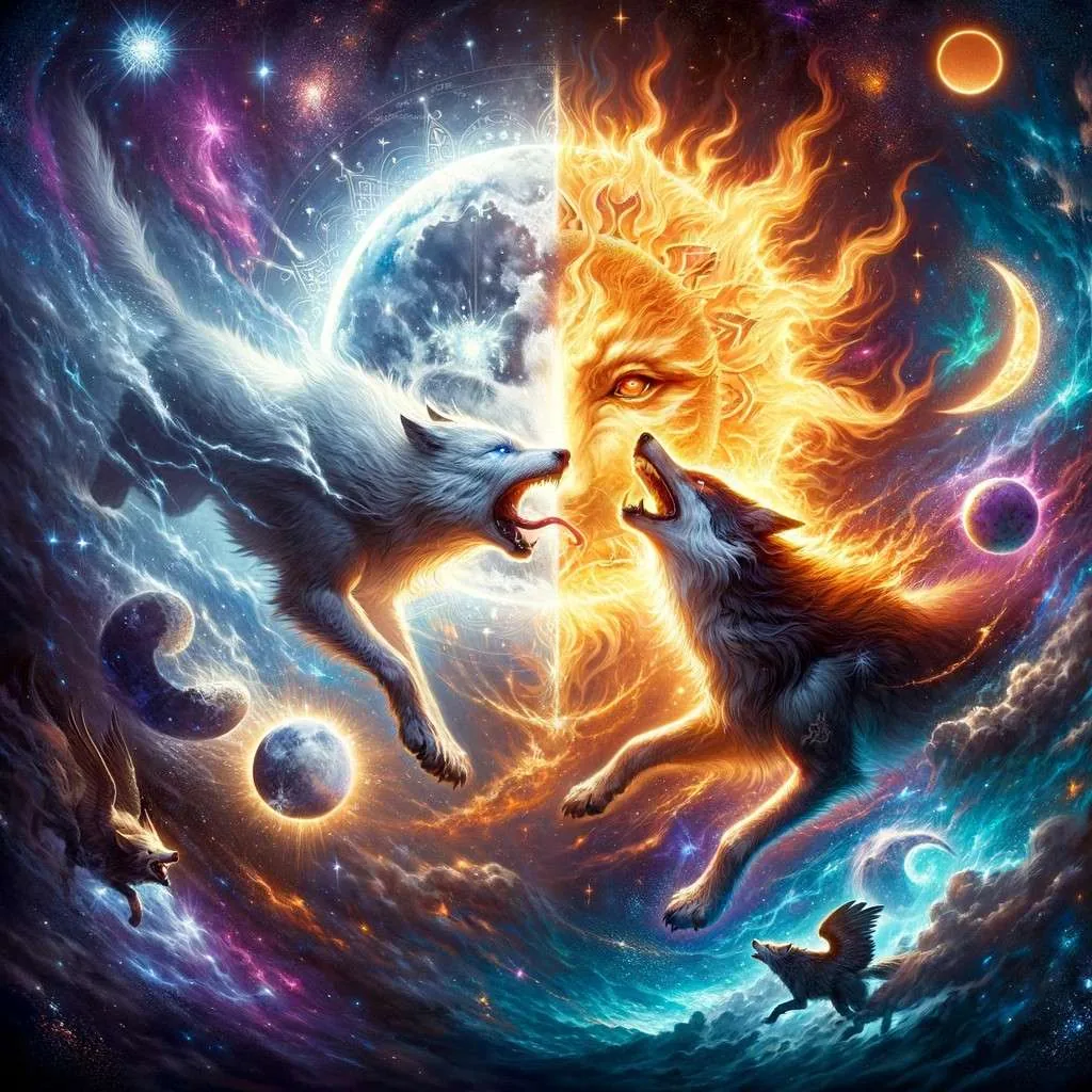 Sköll y Hati, los lobos míticos de la mitología nórdica, capturados en su eterna caza del sol y la luna, representados como devoradores celestiales contra un fondo cósmico impresionante, simbolizando su papel en la cosmología nórdica. Los Mitos y Leyendas (www.losmitosyleyendas.com)