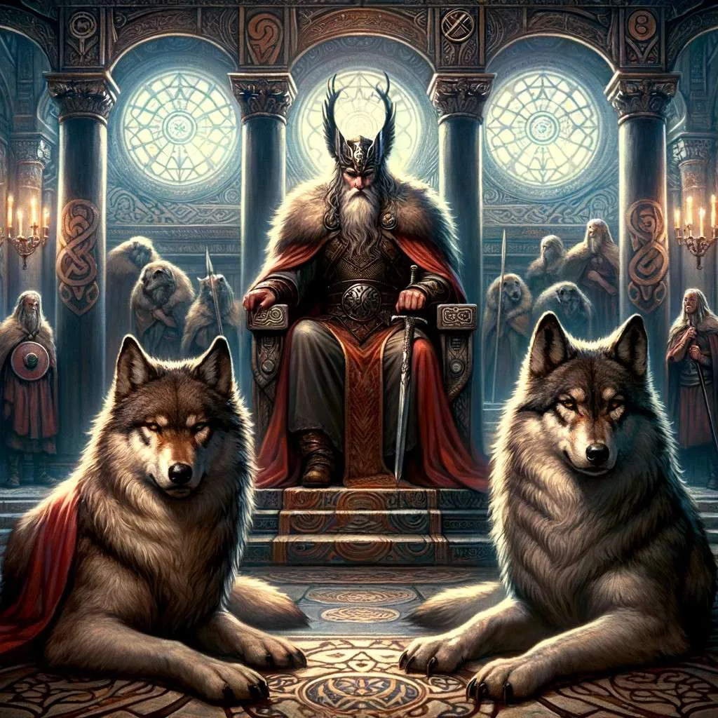 Geri y Freki, los fieles lobos compañeros de Odín, representados en su lealtad y fuerza al lado del dios en el majestuoso Valhalla, simbolizando la profunda conexión y el respeto mutuo entre ellos. Los Mitos y Leyendas (www.losmitosyleyendas.com)