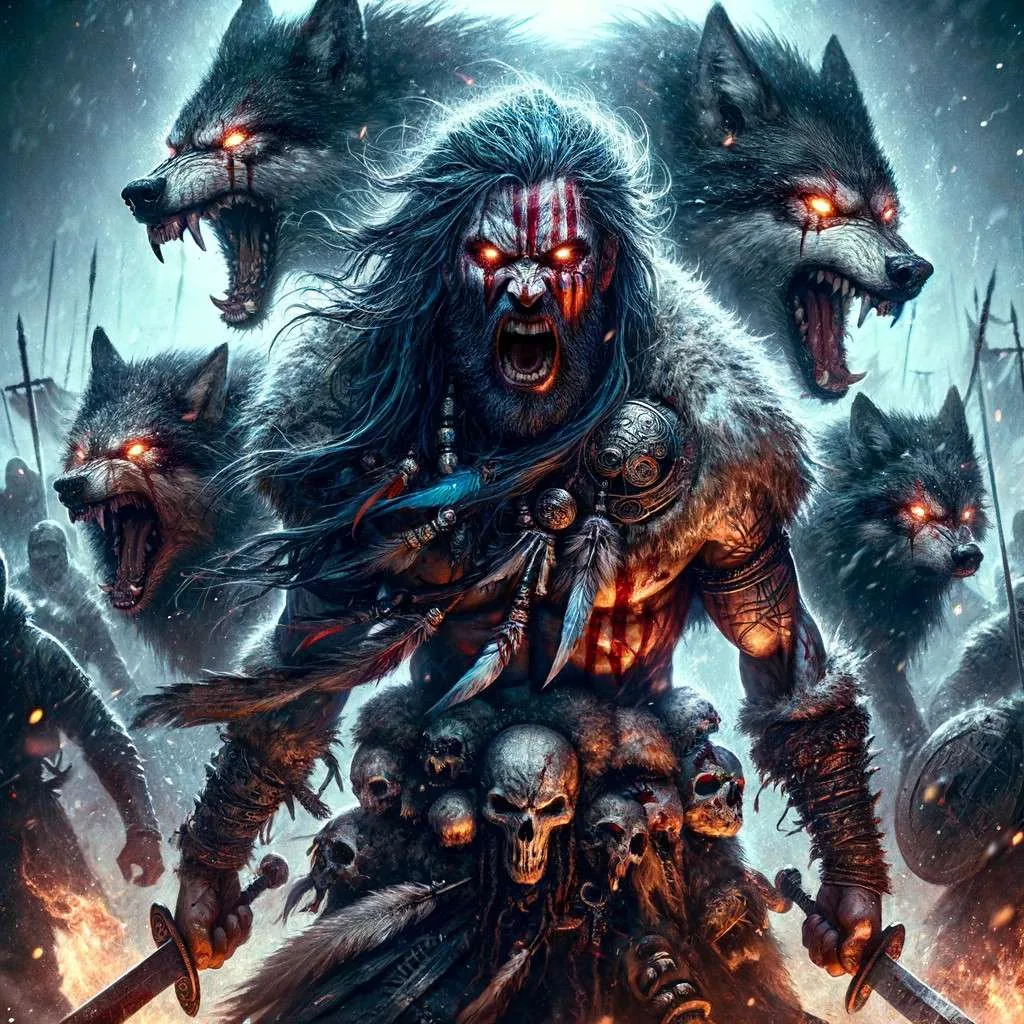 Los berserkers, guerreros poseídos por el espíritu del lobo, en plena furia de batalla, rodeados de un aura de energía primal, simbolizando su ferocidad legendaria y conexión sobrenatural con los lobos en el campo de batalla nórdico. Los Mitos y Leyendas (www.losmitosyleyendas.com)