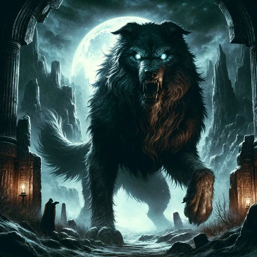 Garm, el imponente perro guardián de la mitología nórdica, protege las puertas de Hel contra un paisaje inquietante, encarnando la fuerza y majestuosidad que lo definen como el protector infernal entre los vivos y los muertos. Los Mitos y Leyendas (www.losmitosyleyendas.com)