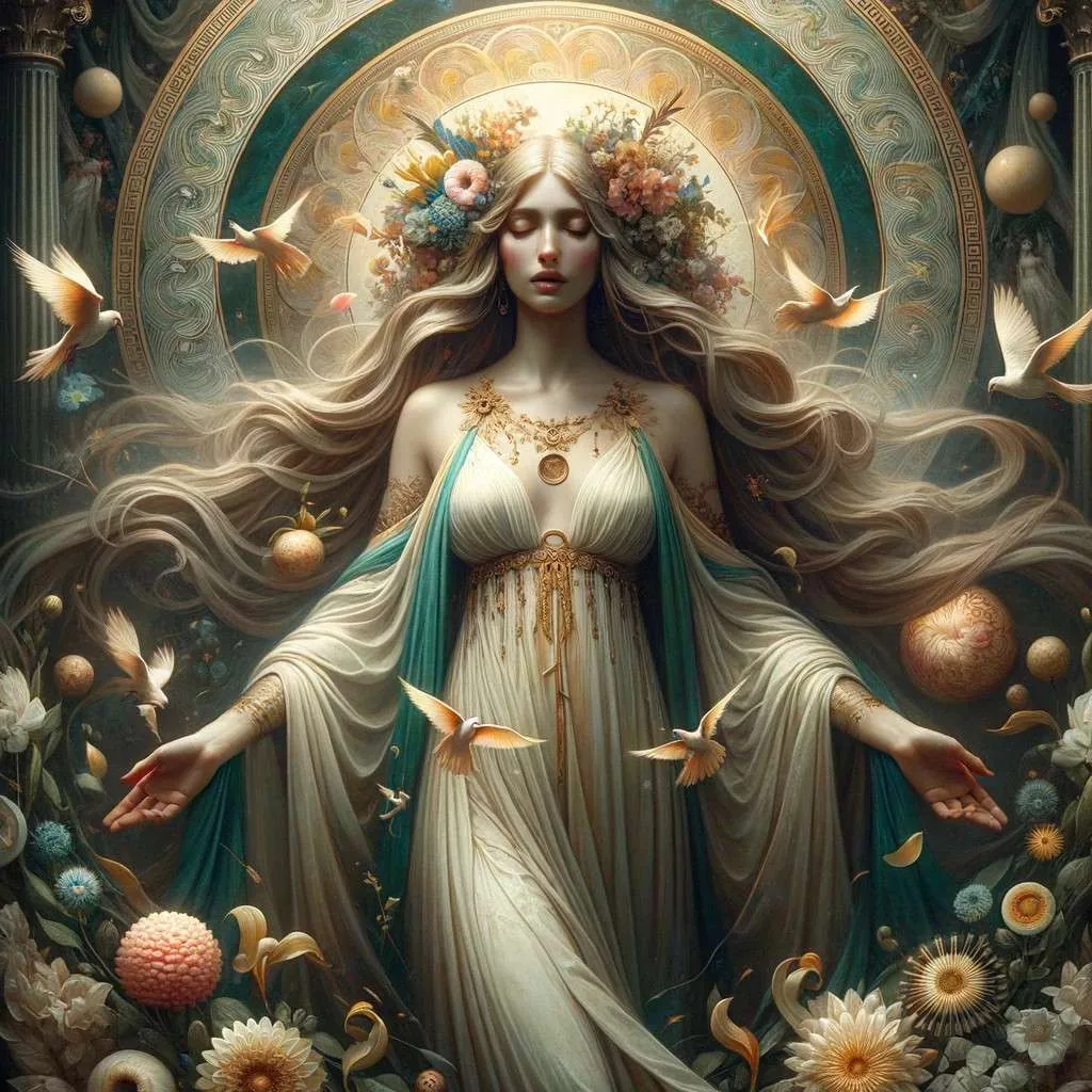Representación artística de Macaria, la serena y compasiva hija de Hades, simbolizando la bendición de una muerte pacífica. Rodeada de flores delicadas y bañada en luces suaves, su figura etérea y vestimentas fluidas reflejan su conexión con el inframundo y el aspecto amable de la muerte. El fondo suave y etéreo sugiere tranquilidad y paz, destacando a Macaria como protectora de las almas en su tránsito final. Imagen cortesía de Los Mitos y Leyendas (www.losmitosyleyendas.com)