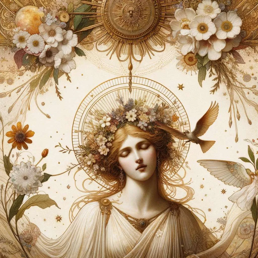 Representación delicada y etérea de Macaria, hija de Hades y Perséfone, envuelta en vestiduras suaves y luminosas, simbolizando su papel como protectora de las almas. Rodeada de elementos naturales y luces suaves, la imagen transmite un sentido de calma y serenidad, resaltando la belleza y benevolencia de Macaria. Su presencia ofrece una visión de paz y fin de ciclos vitales, guiando a las almas hacia su descanso final. Imagen cortesía de Los Mitos y Leyendas (www.losmitosyleyendas.com)