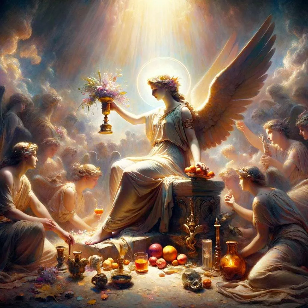 Representación artística de Macaria en el momento de su sacrificio, rodeada de una aura de luz suave, simbolizando su serenidad, nobleza y la aceptación de su destino por el bienestar de los Heráclidas. En un espacio que sugiere un altar sagrado, elementos como flores y una copa representan su ofrenda voluntaria. La imagen evoca un profundo respeto por su acto de valor y compasión, destacando el legado de Macaria en la mitología griega. Imagen cortesía de Los Mitos y Leyendas (www.losmitosyleyendas.com)