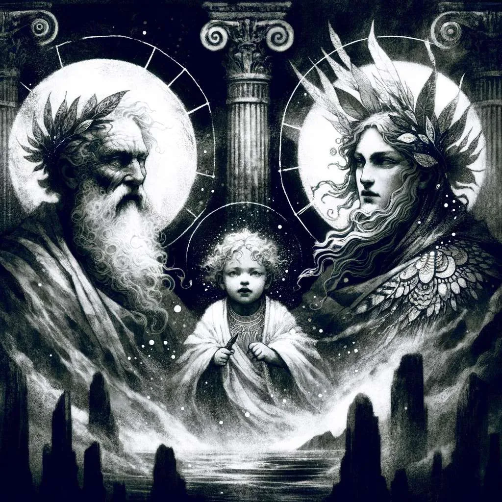 Representación artística de Hades, Perséfone y Macaria en un momento de afecto familiar en el inframundo. Hades y Perséfone aparecen como figuras protectoras y cariñosas hacia su hija Macaria, reflejando una faceta más suave y cálida. Entre ellos, Macaria muestra amor y respeto filial. El entorno combina elementos del inframundo con una atmósfera de serenidad y seguridad, simbolizando el hogar familiar. Esta imagen destaca la dimensión emocional de estas deidades, ofreciendo una perspectiva única alejada de las representaciones tradicionales de poder. Imagen cortesía de Los Mitos y Leyendas (www.losmitosyleyendas.com)
