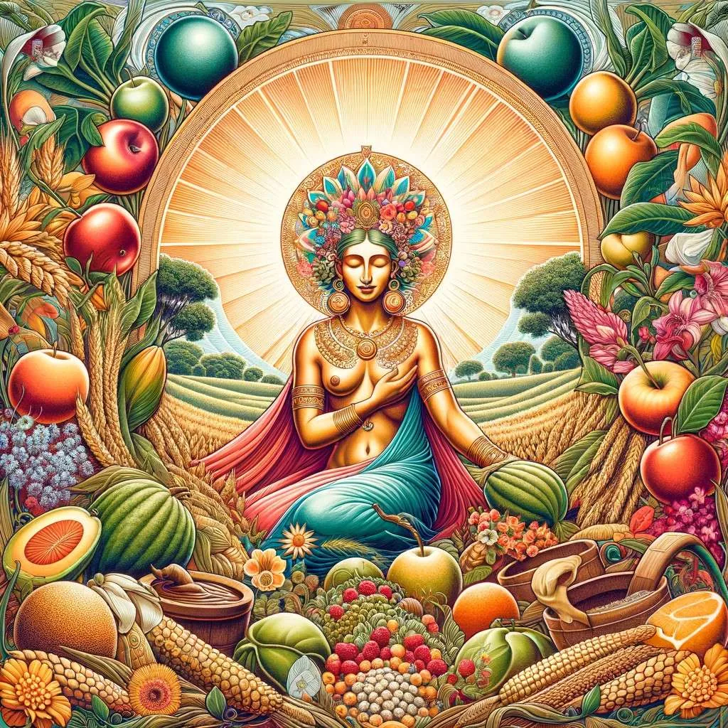 Ilustración simbólica de Macaria en un entorno que sugiere abundancia y renovación, con una expresión serena y compasiva. Rodeada de campos verdes florecientes, frutas maduras y flores en plena apertura, su presencia evoca la promoción de la prosperidad en la tierra. Los colores vivos y cálidos destacan su conexión con la vida, la abundancia y el bienestar, capturando la dualidad de su naturaleza vinculada tanto al inframundo como a la influencia positiva en la fertilidad y la prosperidad. Imagen cortesía de Los Mitos y Leyendas (www.losmitosyleyendas.com)