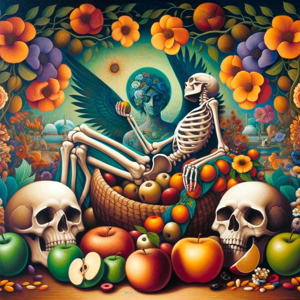 Representación artística de Macaria que encapsula su dualidad con elementos de muerte serena y prosperidad. Rodeada por flores que simbolizan el renacimiento y frutas que denotan abundancia, la figura etérea de Macaria personifica la tranquilidad y la paz. La composición equilibra la iconografía tradicional con influencias modernas, transmitiendo paz, serenidad y fertilidad. Esta obra rinde homenaje a Macaria, destacando su relevancia tanto en el legado mitológico como en el arte contemporáneo. Imagen cortesía de Los Mitos y Leyendas (www.losmitosyleyendas.com)
