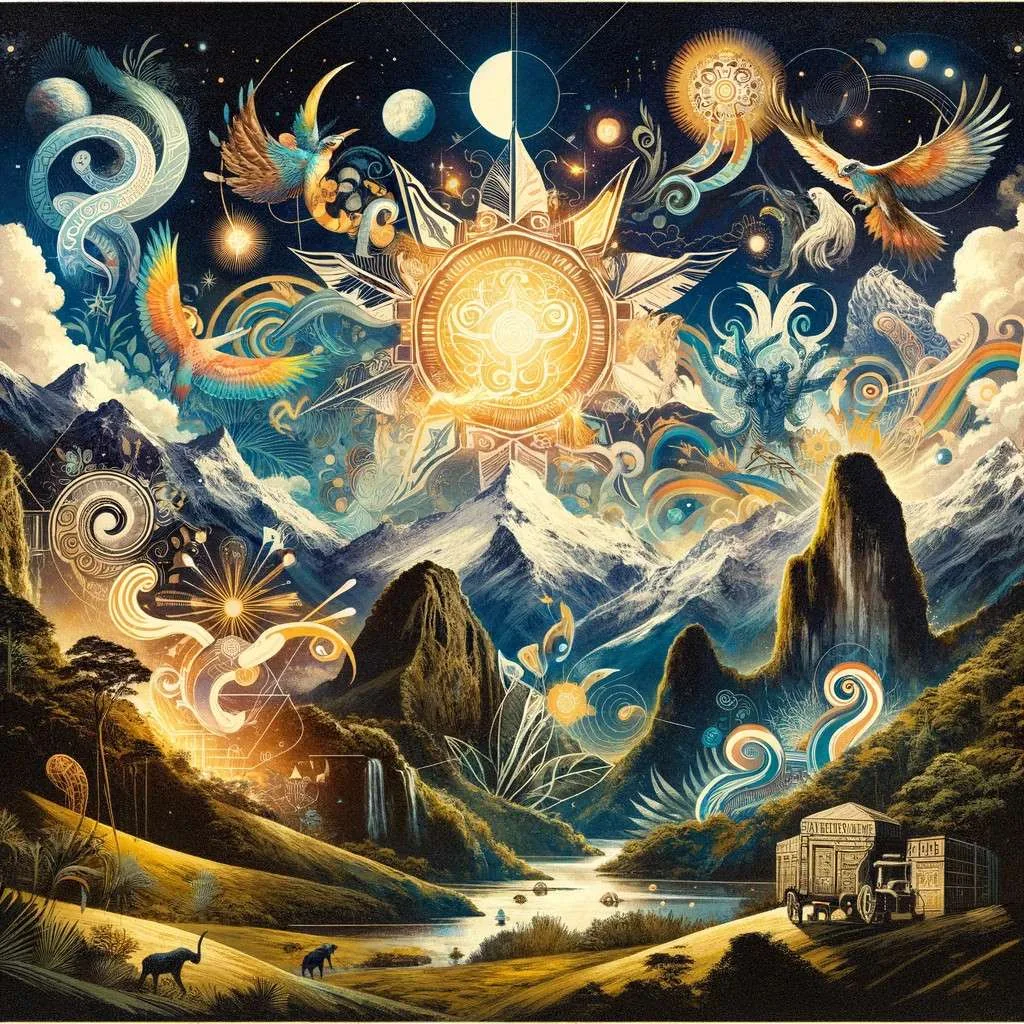 Ilustración que captura la esencia de los mitos y leyendas de la región Andina colombiana, con elementos de criaturas míticas y paisajes diversos, evocando maravilla, tradición y la riqueza cultural andina. Los Mitos y Leyendas (www.losmitosyleyendas.com)