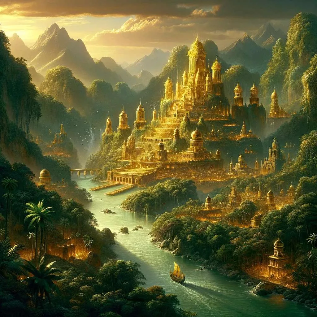 La mítica ciudad de El Dorado, oculta en la jungla sudamericana, con templos y palacios dorados bajo el sol tropical, rodeada por una naturaleza impenetrable y un río que simboliza el viaje hacia lo desconocido. Los Mitos y Leyendas (www.losmitosyleyendas.com)