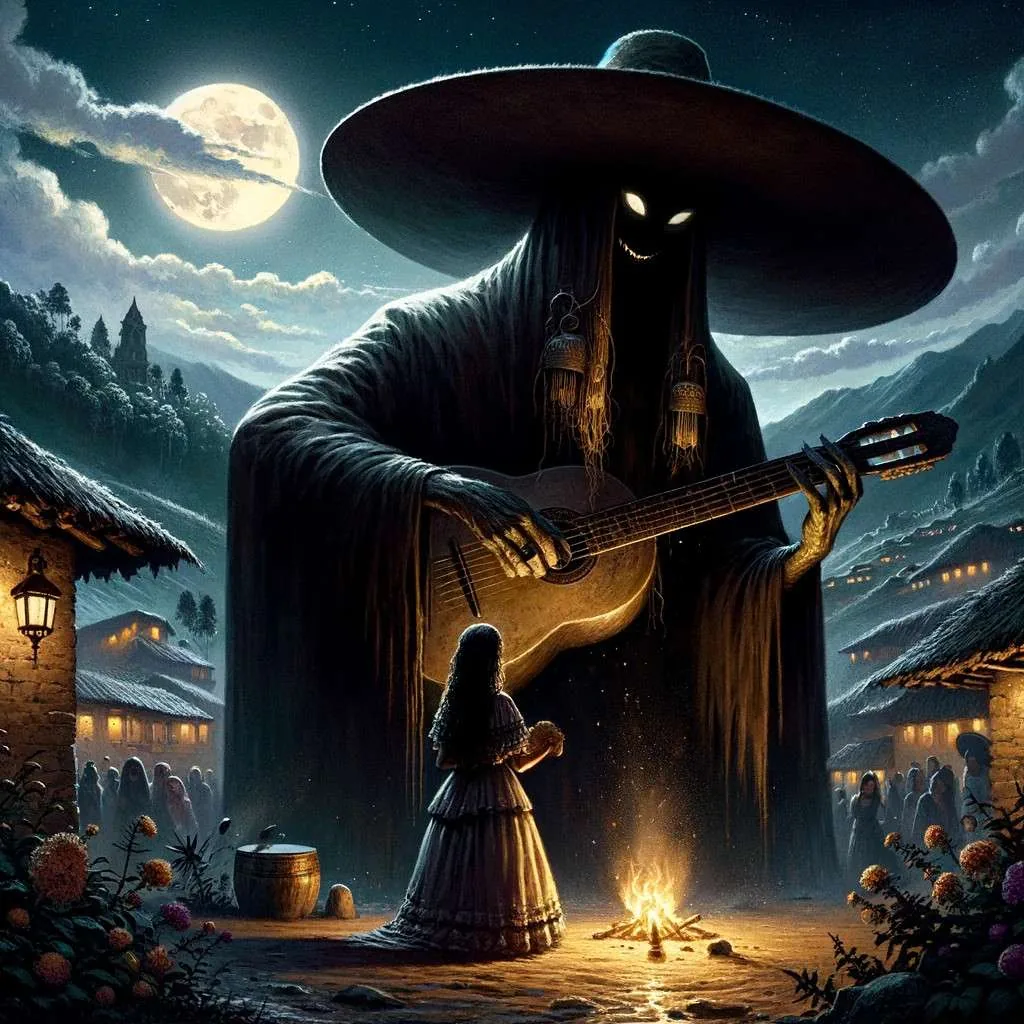 El Sombrerón serenata bajo la luz de la luna en un paisaje andino rústico, tocando su guitarra y encantando a las jóvenes, simbolizando el misterio y la tradición del folclore andino colombiano. Los Mitos y Leyendas (www.losmitosyleyendas.com)