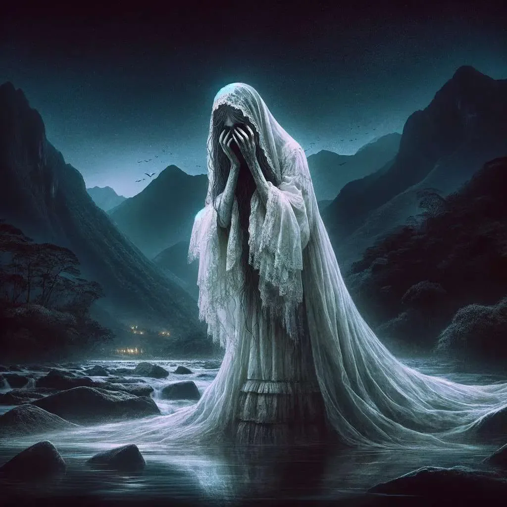La Llorona en la región andina de Colombia, una figura espectral en búsqueda de sus hijos, con un vestido blanco fluyente y un paisaje andino nocturno que refleja la tristeza y el misterio de su leyenda. Los Mitos y Leyendas (www.losmitosyleyendas.com)