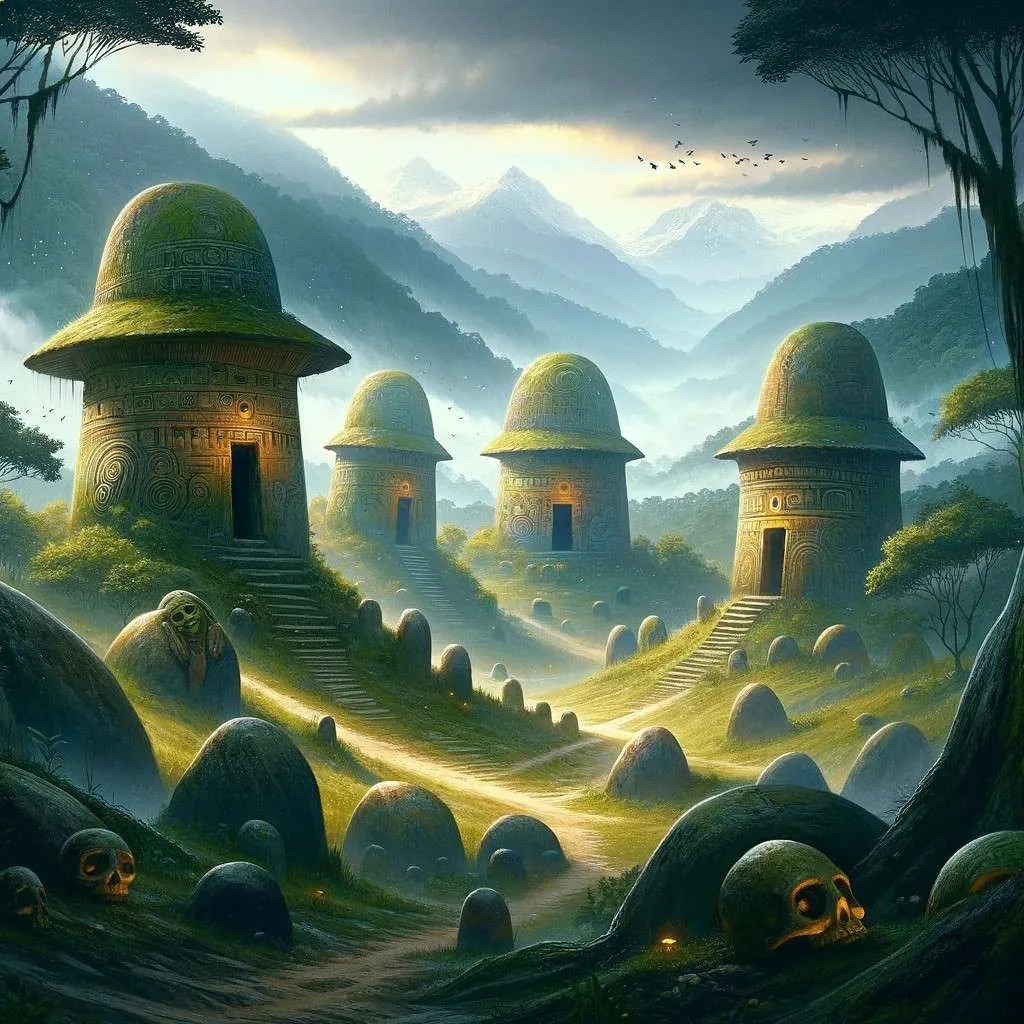 Las antiguas Tumbas Tolimenses en la región andina colombiana, rodeadas de montañas y bosques, simbolizan la conexión espiritual y cultural de la civilización Pijao con la tierra. Los Mitos y Leyendas (www.losmitosyleyendas.com)
