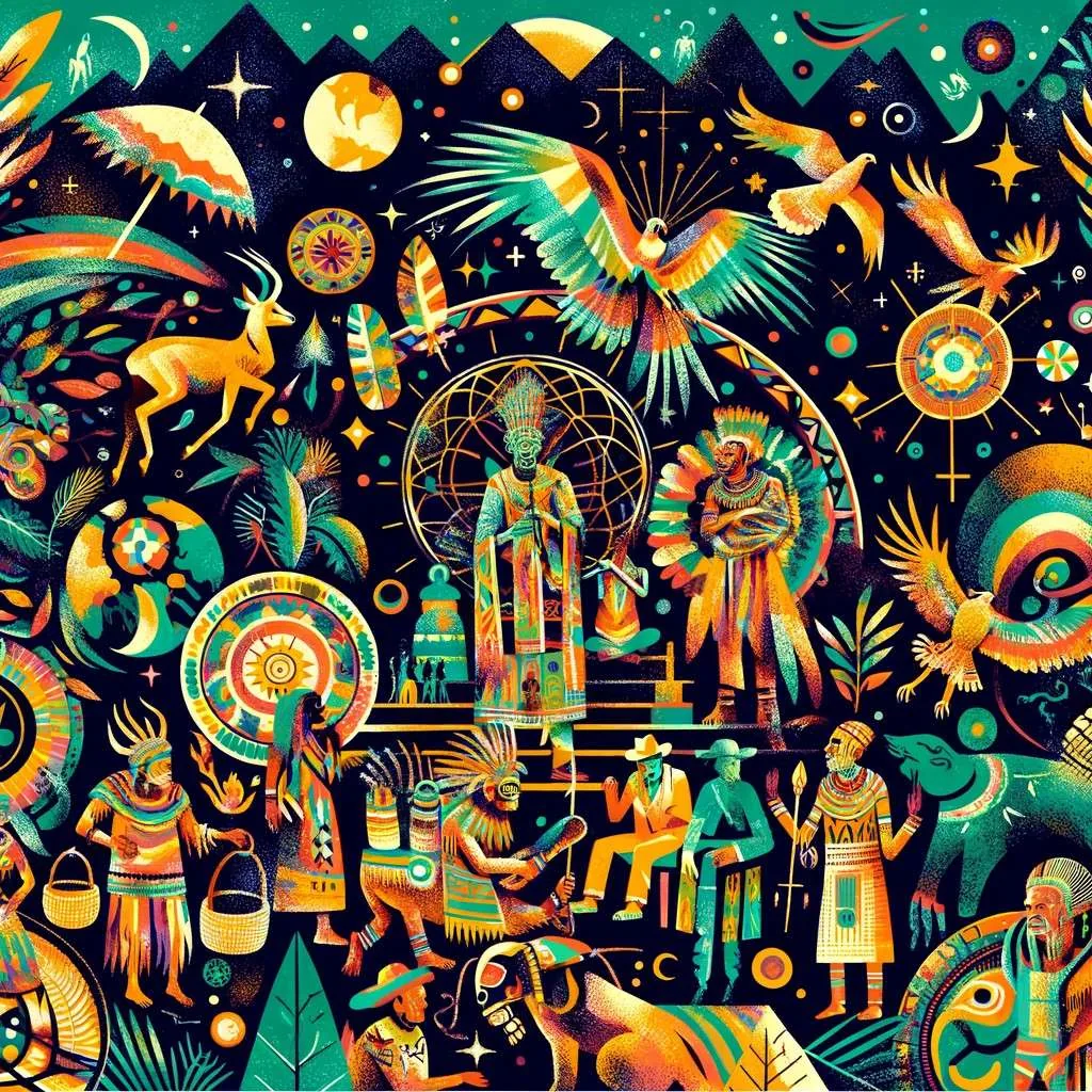 Representación de los mitos y leyendas afrocolombianas, mostrando danzas tradicionales, espíritus de la selva y animales simbólicos en un entorno que refleja la diversidad geográfica de Colombia. Los colores vibrantes evocan la energía, resistencia y espíritu comunitario de la cultura afrocolombiana. Los Mitos y Leyendas (www.losmitosyleyendas.com)