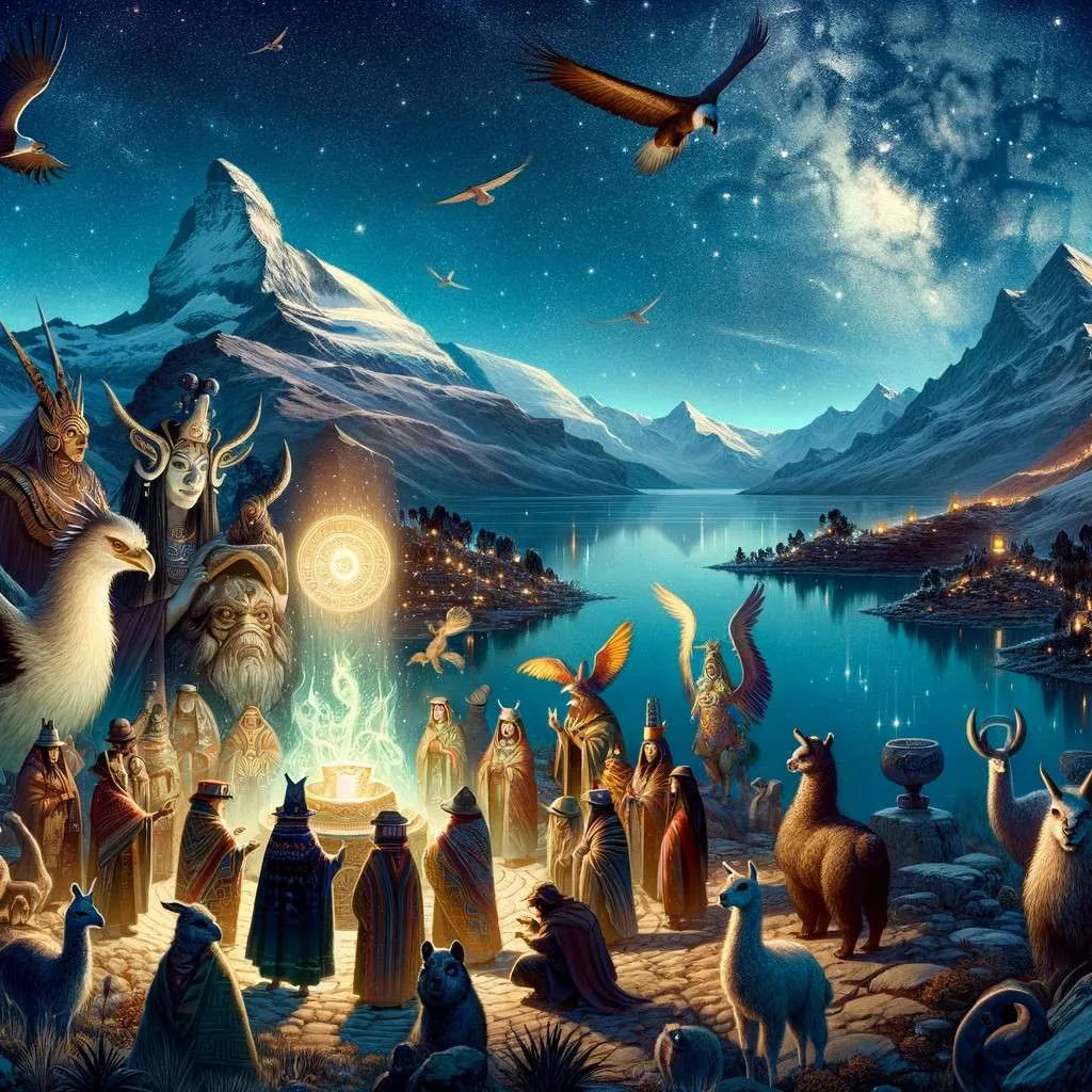 Escena mitológica aymara con personajes y animales legendarios reunidos en torno a un artefacto ancestral iluminado, situados en los Andes y el Lago Titicaca bajo un cielo estrellado, simbolizando la rica herencia cultural de los Aymaras. Los Mitos y Leyendas (www.losmitosyleyendas.com)