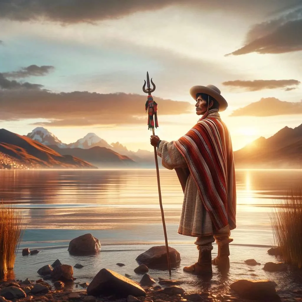 Un hombre aymara en vestimenta tradicional se encuentra al amanecer en la orilla del Lago Titicaca, simbolizando la conexión profunda de su pueblo con la tierra y su herencia. Los Mitos y Leyendas (www.losmitosyleyendas.com)