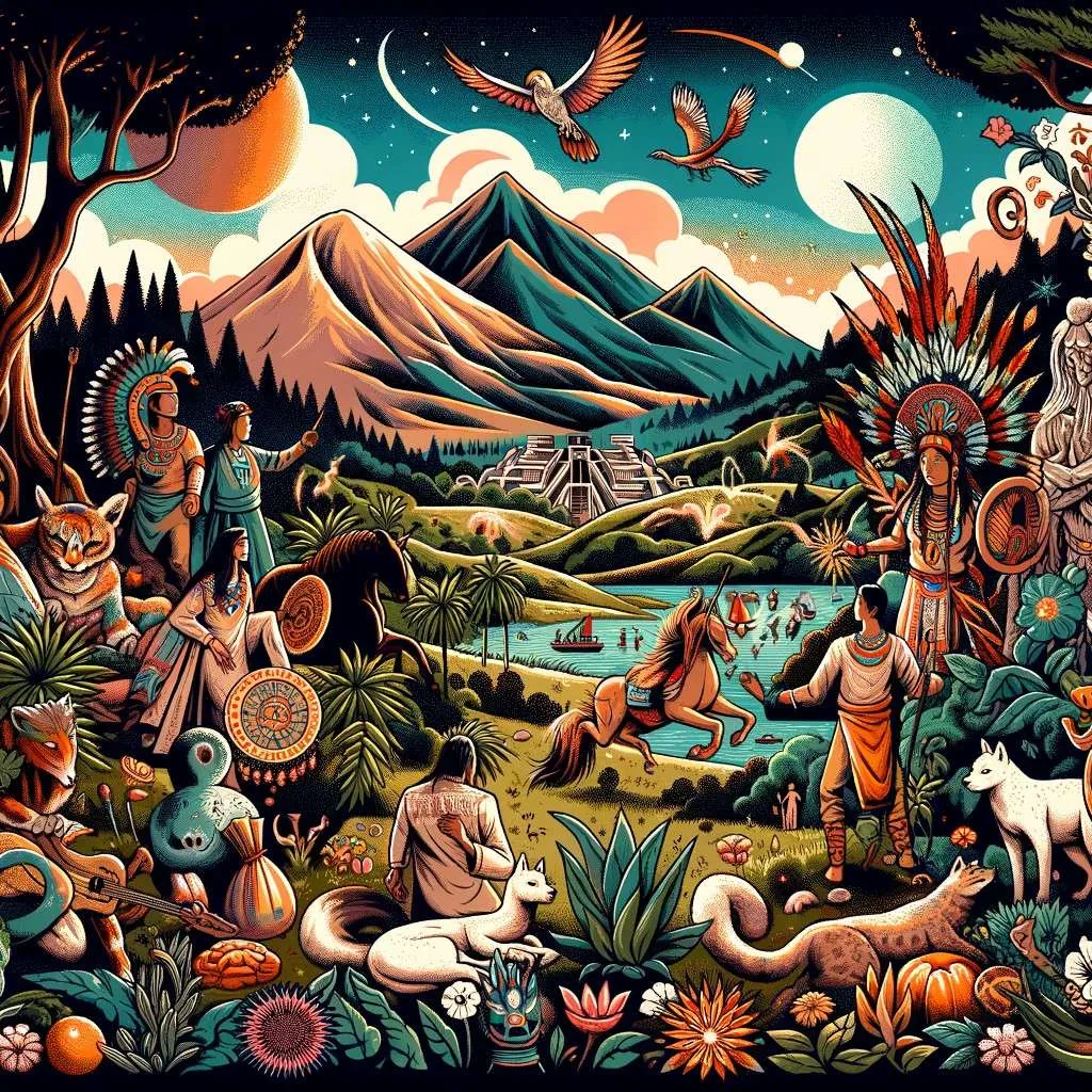 Ilustración colorida que representa los mitos y leyendas de Acatzingo, México, destacando vestimentas indígenas, paisajes naturales, y figuras míticas. Esta imagen invita a la imaginación a descubrir la rica cultura y las historias legendarias de la región. Los Mitos y Leyendas (www.losmitosyleyendas.com)