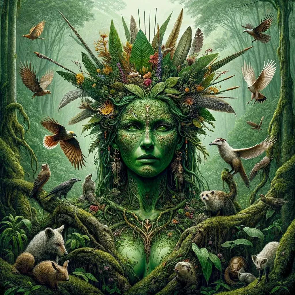 La Madremonte, figura protectora de la naturaleza, rodeada de un bosque antioqueño, vestida con hojas y musgos, reflejando su conexión con la tierra. Los Mitos y Leyendas (www.losmitosyleyendas.com)