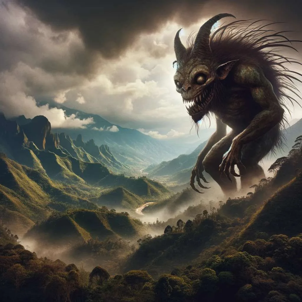 Ilustración del Monstruo del cerro de la Amargura en Antioquia, con selvas y montañas neblinosas. Los Mitos y Leyendas (www.losmitosyleyendas.com)