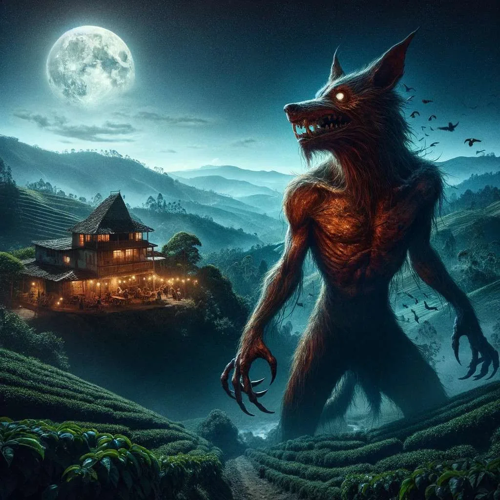 Ilustración del hombre lobo antioqueño en transformación bajo la luna llena, en un paisaje rural de Antioquia. Los Mitos y Leyendas (www.losmitosyleyendas.com)