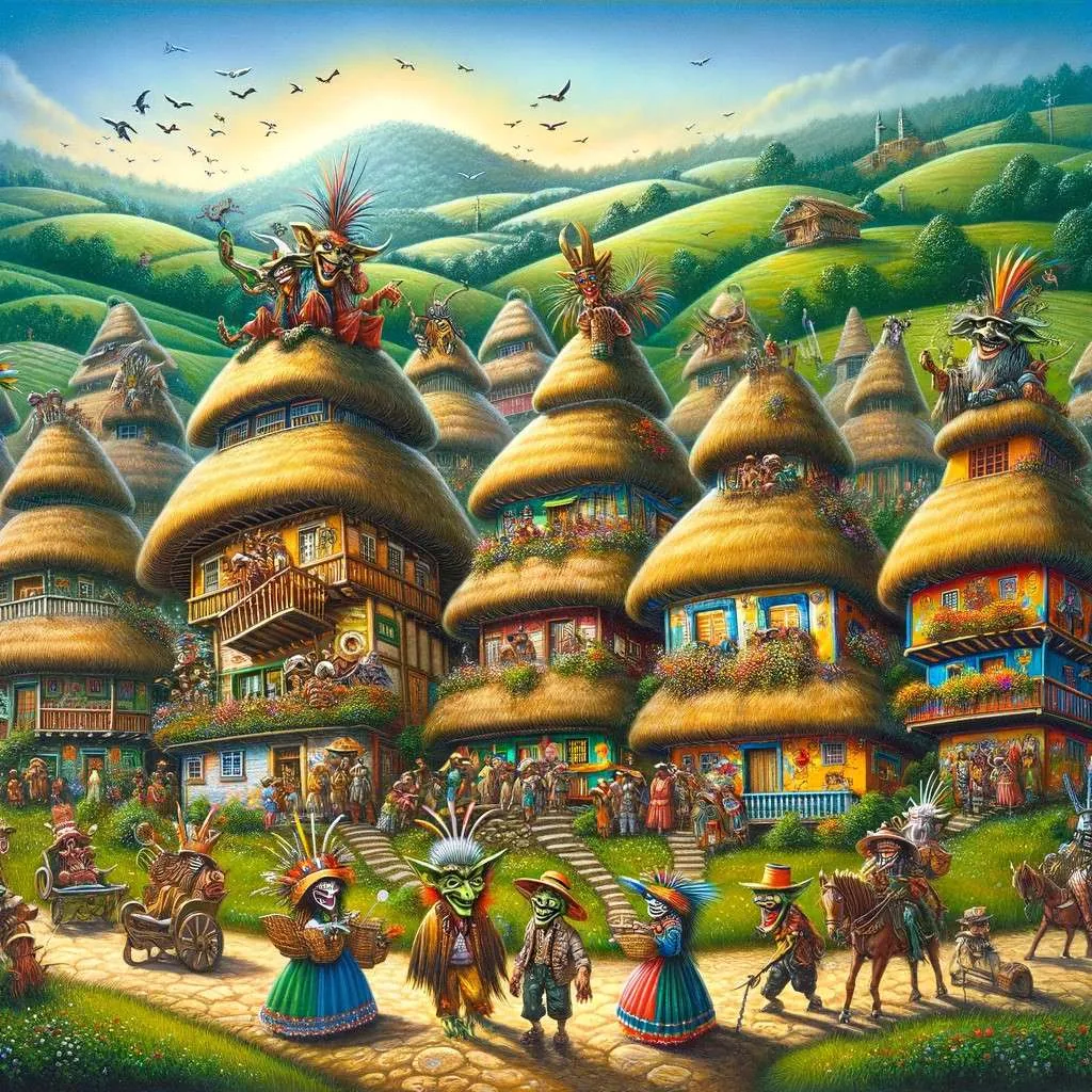 Ilustración de duendes traviesos en un paisaje antioqueño, realizando travesuras al amanecer. Los Mitos y Leyendas (www.losmitosyleyendas.com)