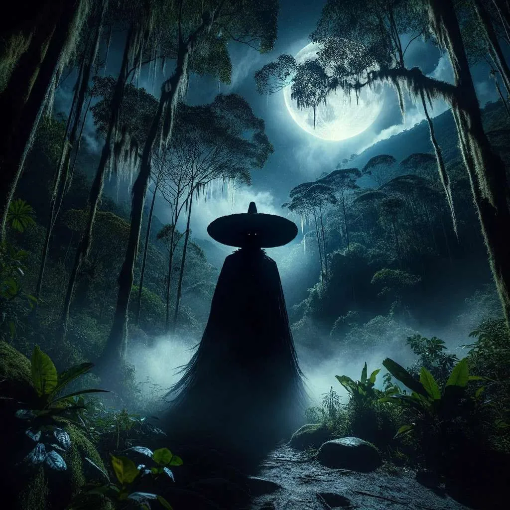 Una escena mística ambientada en los bosques iluminados por la luna de Antioquia, protagonizada por la legendaria figura del Sombrerón en su centro. Este enigmático personaje, un símbolo del folclore local, se destaca por su sombrero negro de tamaño excesivo que proyecta una sombra sobre su rostro, realzando su aura misteriosa. Está envuelto en una capa negra, fusionándose con la oscuridad de la noche. A su alrededor, una niebla fantasmal y tenue se arremolina, contribuyendo a la atmósfera espeluznante. El follaje denso y oscuro verde del bosque forma un telón de fondo frondoso, con la luz de la luna filtrándose a través del dosel para lanzar un suave resplandor otro mundo sobre la escena, destacando la presencia del Sombrerón entre la belleza natural y el misterio del bosque colombiano.