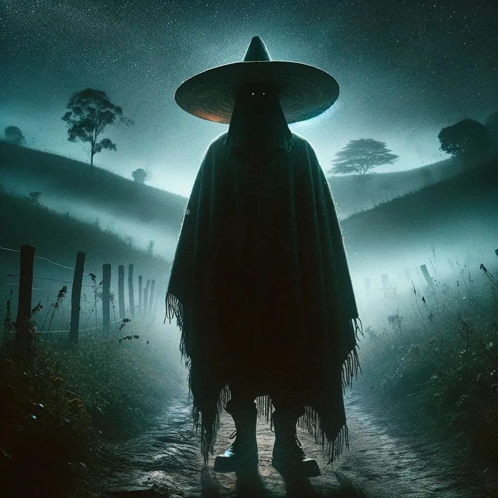 Ilustración del Sombrerón, personaje mítico de Antioquia, caracterizado por su sombrero grande y oscuro, ataviado con poncho y botas, envuelto en una neblina etérea, en un paisaje rural nocturno. Los Mitos y Leyendas (www.losmitosyleyendas.com)