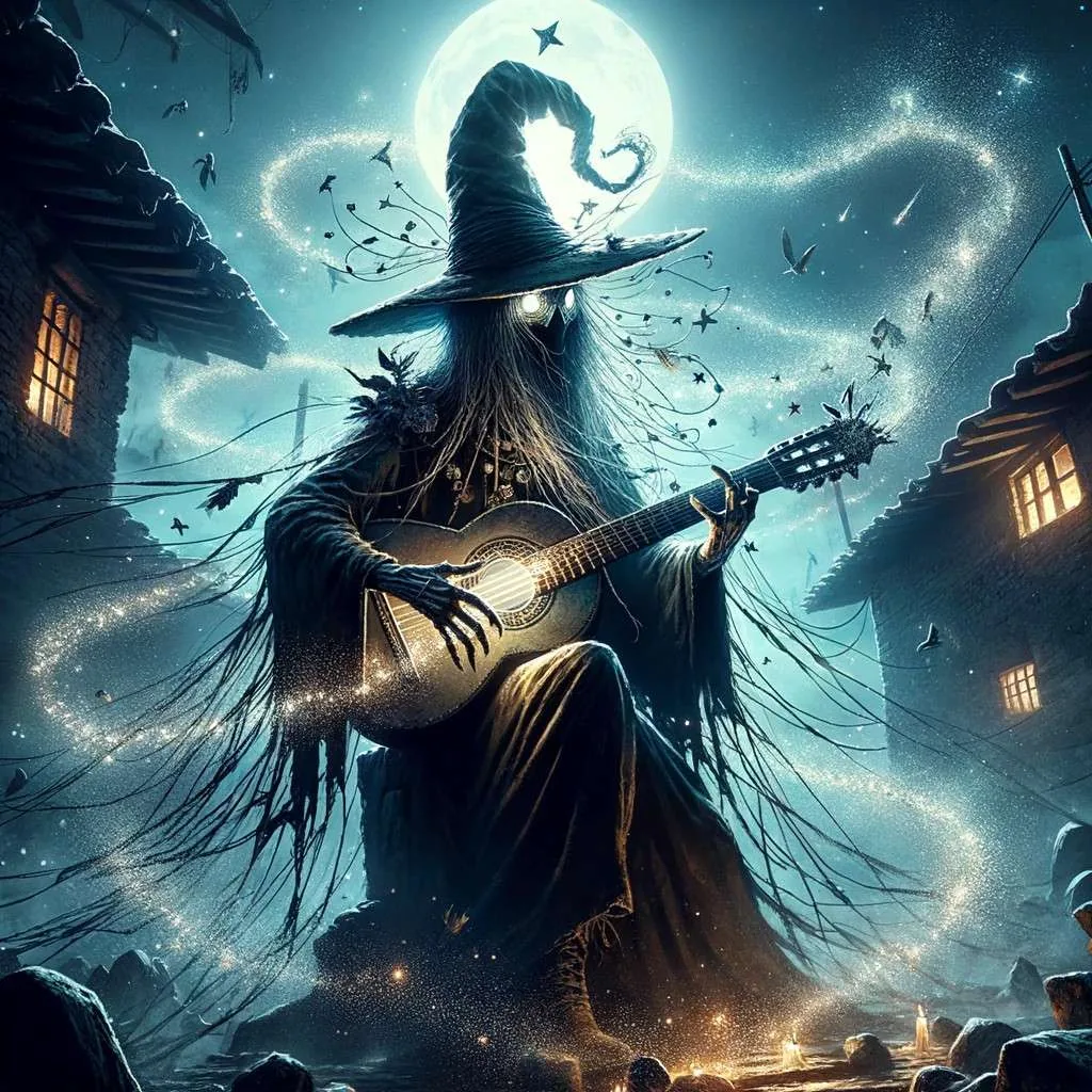 Ilustración que captura los poderes sobrenaturales atribuidos al Sombrerón, mostrando cómo utiliza su guitarra mágica para encantar y atraer a las personas y animales con sus melodías hipnóticas bajo el manto de la noche.