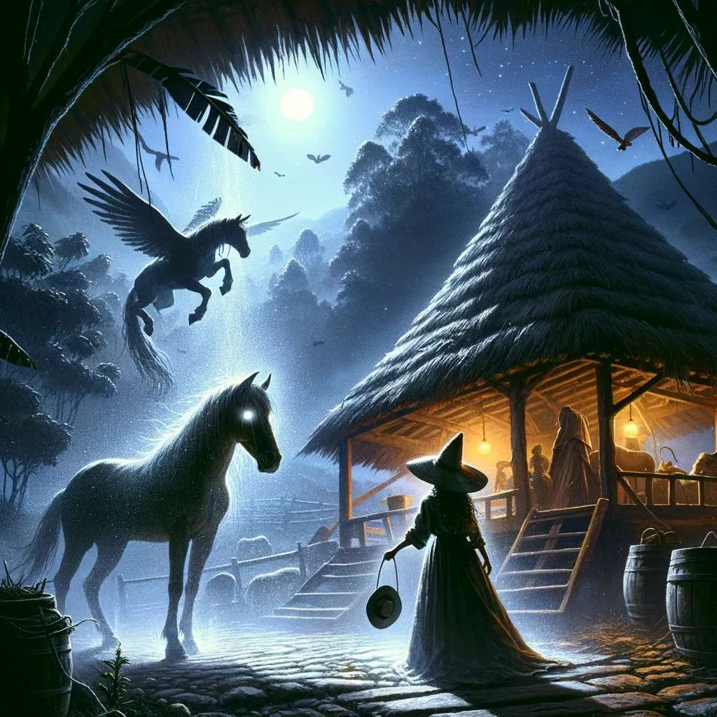 Ilustración que captura las consecuencias místicas y sobrenaturales de encontrarse con el Sombrerón en Antioquia. Esta escena muestra a una joven en un estado de ensimismamiento profundo y a un caballo con su crin intrincadamente trenzada, ambos bajo la influencia del misterioso Sombrerón en un entorno nocturno evocador del folklore antioqueño. Los Mitos y Leyendas (www.losmitosyleyendas.com)