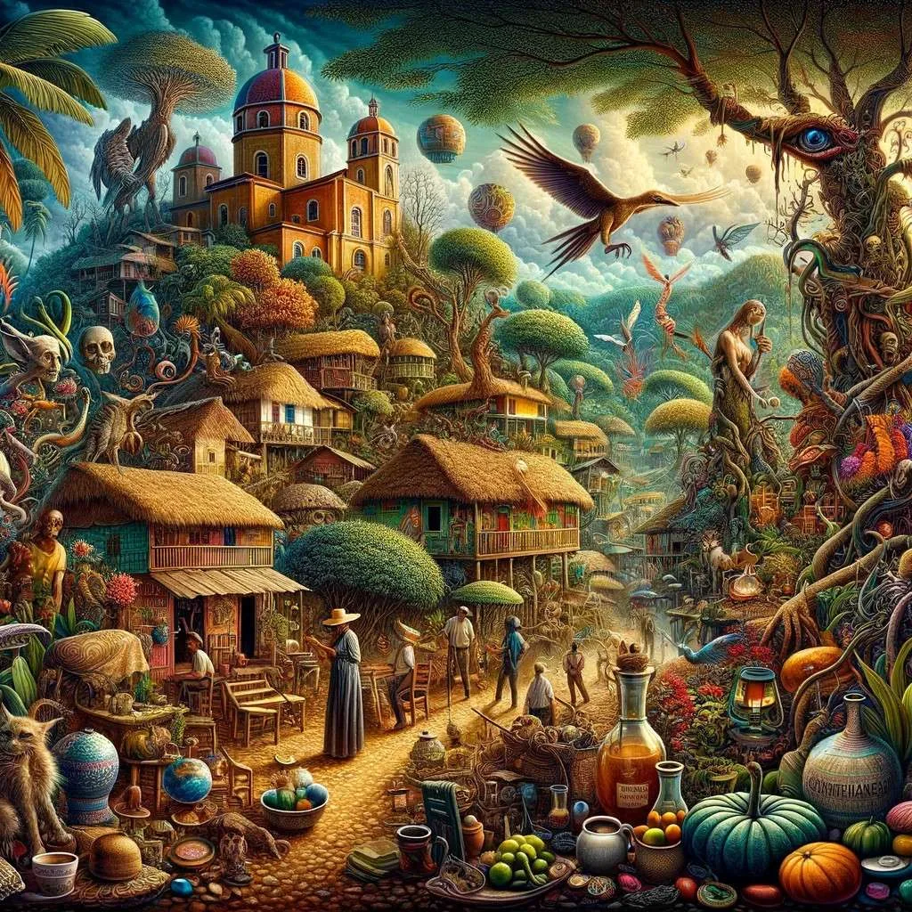 Representación de los mitos y leyendas de Aracataca, con elementos que mezclan lo cotidiano con lo fantástico, en un paisaje que refleja la arquitectura del Caribe colombiano y su vegetación exuberante. La imagen invita a explorar la rica tradición oral y la atmósfera mágica inspirada por Gabriel García Márquez. Los Mitos y Leyendas (www.losmitosyleyendas.com)