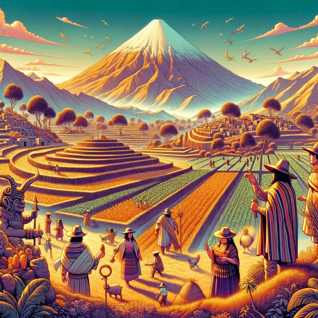 Escena inspirada en las leyendas de Arequipa, mostrando la campiña arequipeña con terrazas agrícolas, el volcán Misti, y personajes en trajes típicos participando en actividades que reflejan leyendas locales. La imagen captura la belleza y el misterio de Arequipa, enriqueciendo su narrativa cultural. Los Mitos y Leyendas (www.losmitosyleyendas.com)