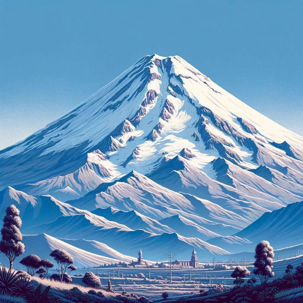 Vista impresionante del volcán Misti en Arequipa, Perú, destacando su cono simétrico y las laderas nevadas contra un cielo azul claro. En el horizonte, se vislumbra la arquitectura colonial de la ciudad, rodeada de vegetación andina, capturando la esencia cultural y natural de la región. Los Mitos y Leyendas (www.losmitosyleyendas.com)