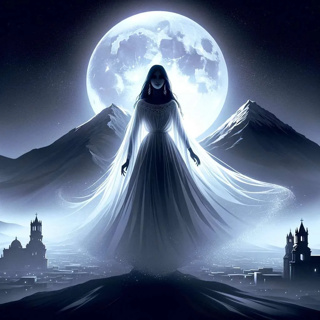 Ilustración de la Dama Blanca, una figura espectal rodeada de misterio, flotando en la noche frente a los volcanes de Arequipa bajo la luz de la luna llena. Los Mitos y Leyendas (www.losmitosyleyendas.com)